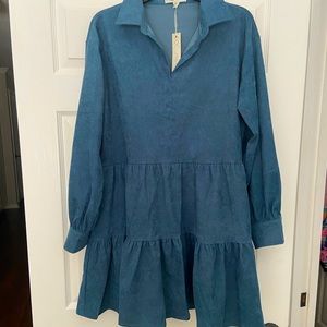 Corduroy teal blue tiered dress. New with tags!